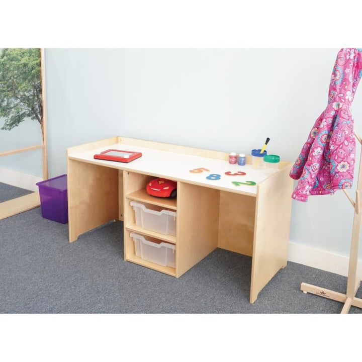 Whitney Brothers STEM Activity Desk with Trays in a preschool classroom, a two-student dry erase activity table with number manipulatives on top and Gratnell trays in the center console