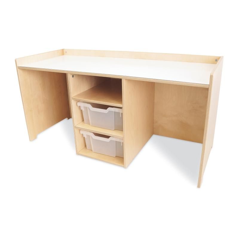 Front view of the Whitney Brothers STEM Activity Desk with Trays, showing the white dry erase top, raised perimeter lip and three-shelf console with two Gratnell trays