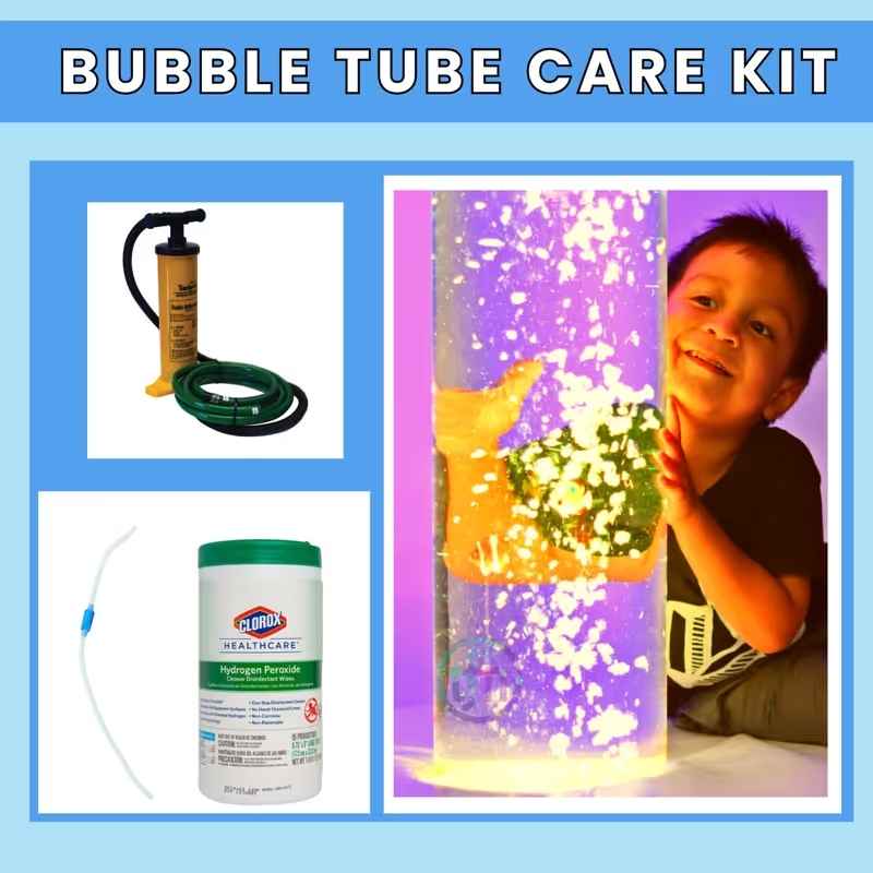 TFH Bubble Tube Care Kit showing the drainage pump, hydrogen peroxide disinfectant wipes, and a child enjoying a sensory bubble tube during calming light play