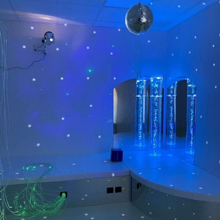 TFH Bubble Tube Corner Seat Base sensory room corner installation in blue LED light
