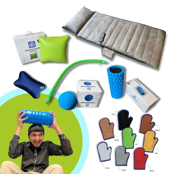 TFH Complete Calming Vibration Kit laid out showing vibrating sensory tools for tactile regulation and proprioceptive input