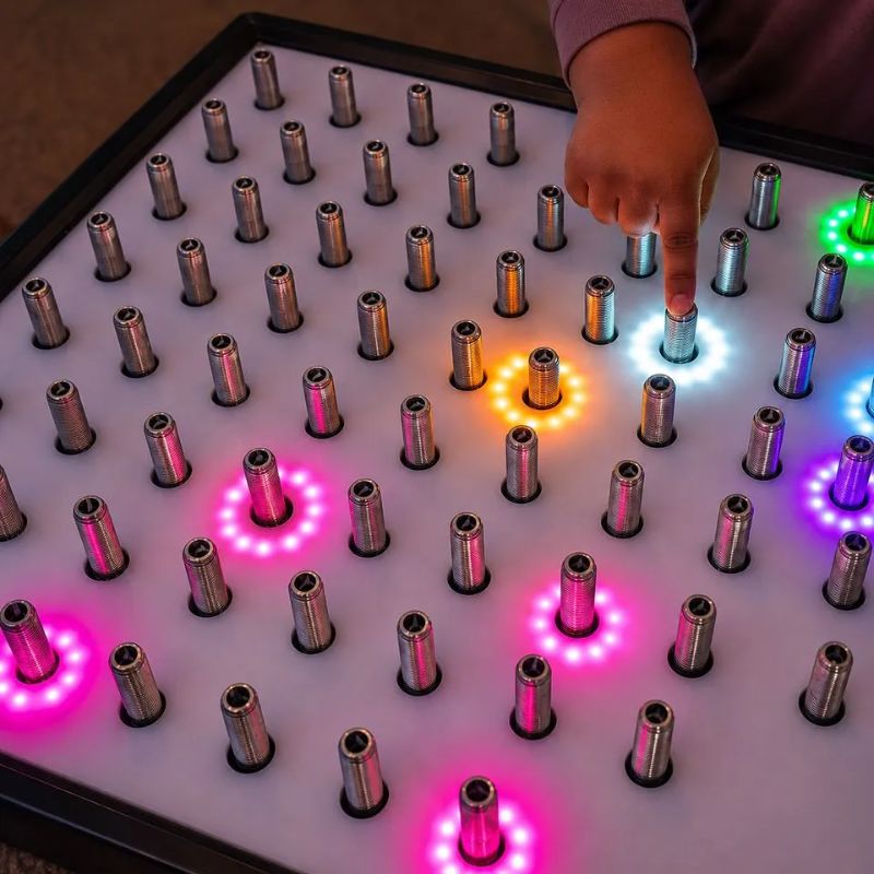 Finger touching a single spring on the TFH Electro Wobble Garden Activity Panel, lighting a white ring among pink, orange, green and purple rings across the panel