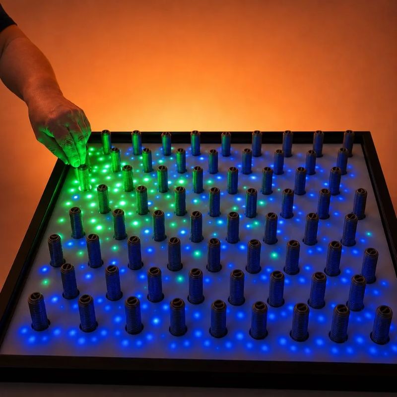 Hand pressing a spring on the TFH Electro Wobble Garden Activity Panel as green light ripples outward across the blue display, showing touch-responsive cause and effect
