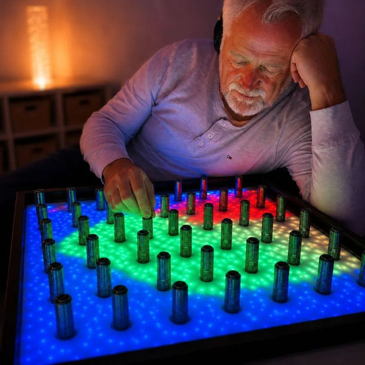 Older man wearing headphones calmly exploring the TFH Electro Wobble Garden Activity Panel, its 72 spring-sensors glowing in a rainbow pattern of blue, green and red