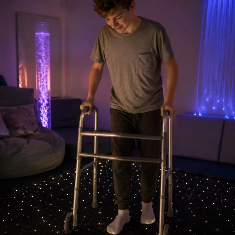Smiling teen using a walker to step across the TFH Fibre Optic Carpet in a multi-sensory room, the star-field floor glowing beneath a bubble tube and fibre optic lights