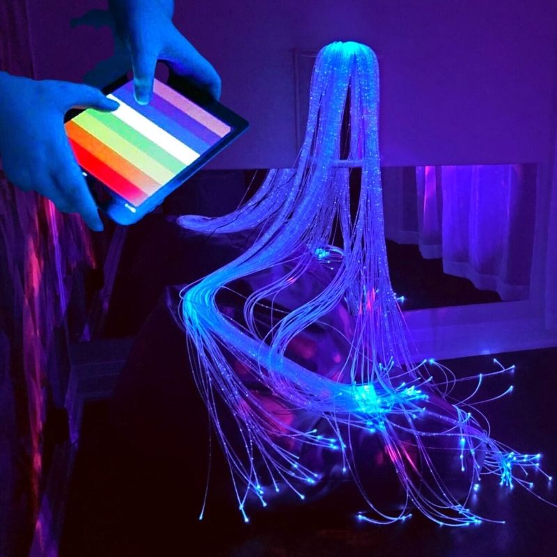 TFH Fibre Optic Wall Sconce Genie Controlled System with fibre optic tails in full view, a wireless sensory room light for OT clinics and schools