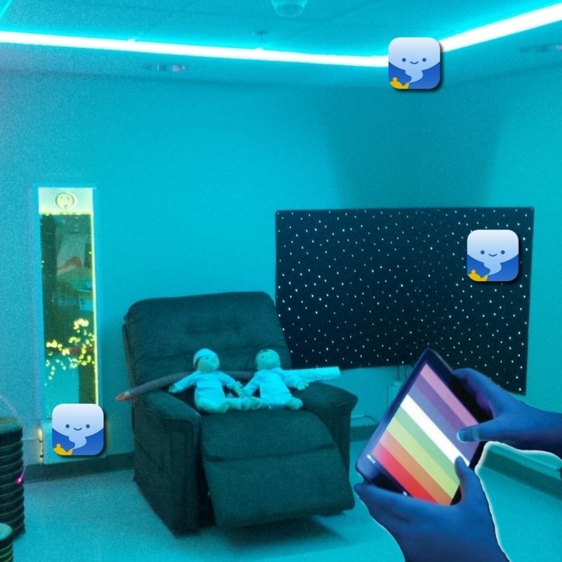TFH Genie Soft Lights Design Corner full view showing the complete MSE Genie sensory corner installation with Genie fibre optic carpet, Genie bubble wall and LED ceiling line controlled via the free MSE Genie App