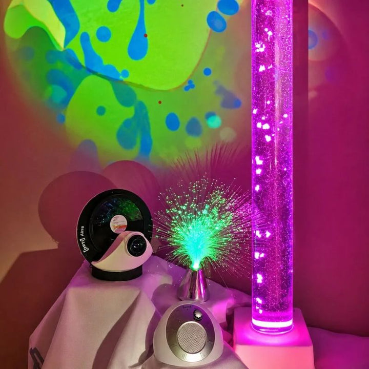 TFH At Home Sensory Room Kit Premium showing bubble tube, Aura projector, fibre optic plume and Sound Spa arranged as a complete home multi-sensory setup