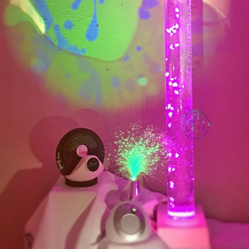 TFH At Home Sensory Room Kit Premium showing bubble tube, Aura projector, fibre optic plume and Sound Spa arranged as a complete home multi-sensory setup