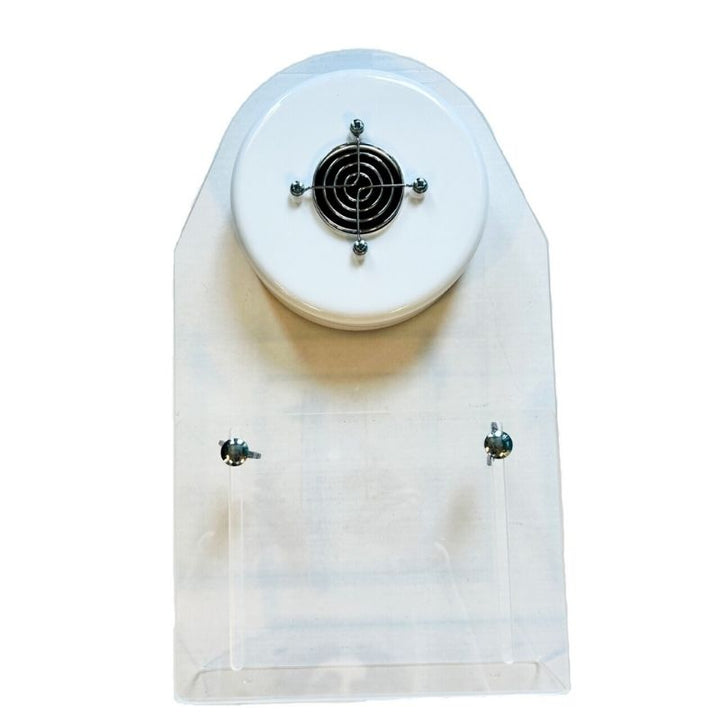 Close-up of TFH Hurricane Tube Security Bracket flat wall installation showing the acrylic bracket cap fitted to the top of a TFH hurricane tube and secured to the wall surface