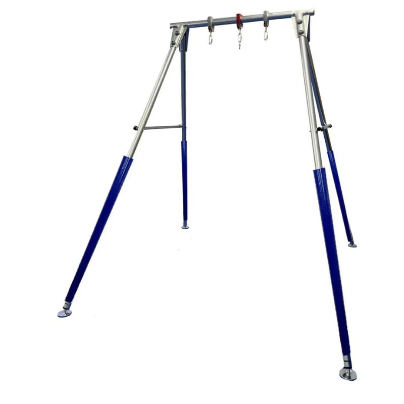 TFH Indoor Swing Frame in galvanized steel with padded blue leg covers, a freestanding vestibular swing stand for home and therapy use