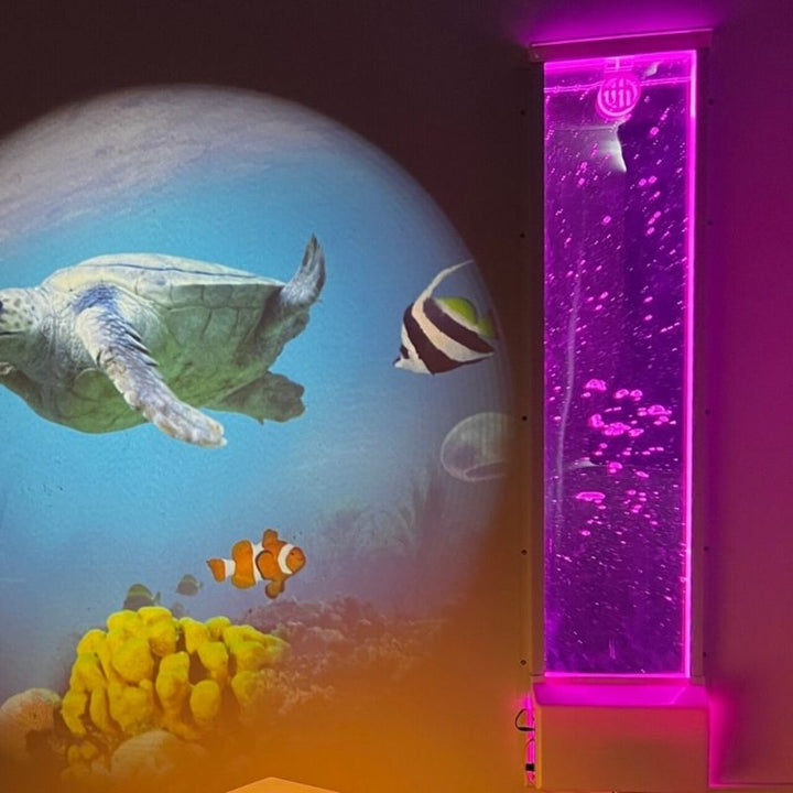 TFH Infinity Bubble Wall in an indoor sensory room with turtle and fish projections, illustrating multi-sensory environment setup for schools and therapy spaces