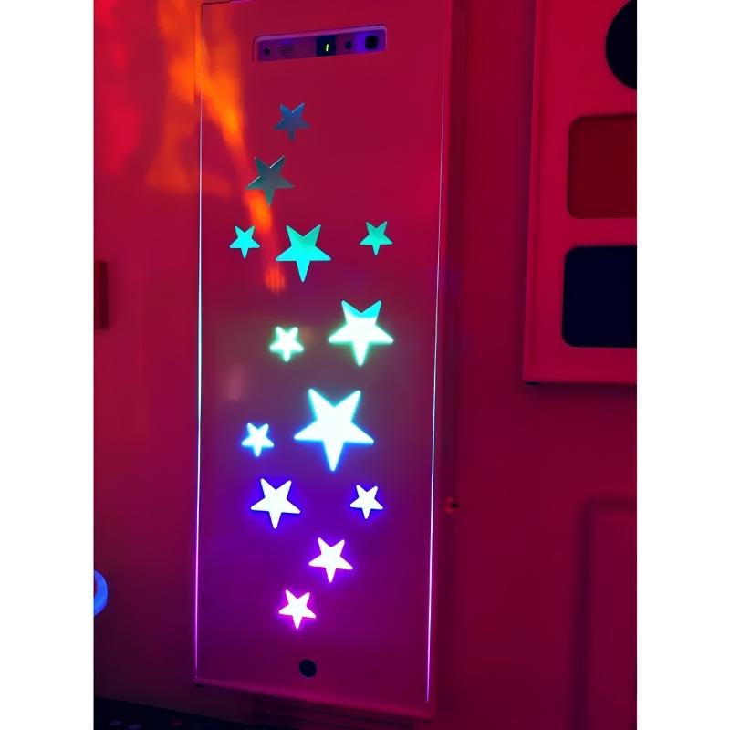 TFH Ladder Light Masks star pattern facade glowing in pink and blue tones on the Ladder Lights sound activated sensory display