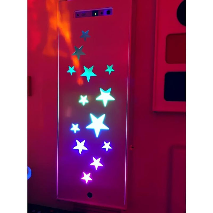 TFH Ladder Light Masks star pattern facade glowing in pink and blue tones on the Ladder Lights sound activated sensory display