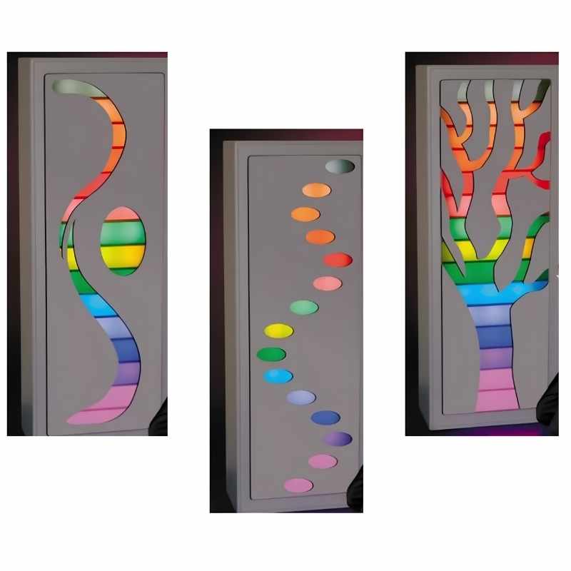 TFH Ladder Light Masks shown in three interchangeable facade designs, a wave, a dotted line, and a tree pattern, for the Ladder Lights sensory display