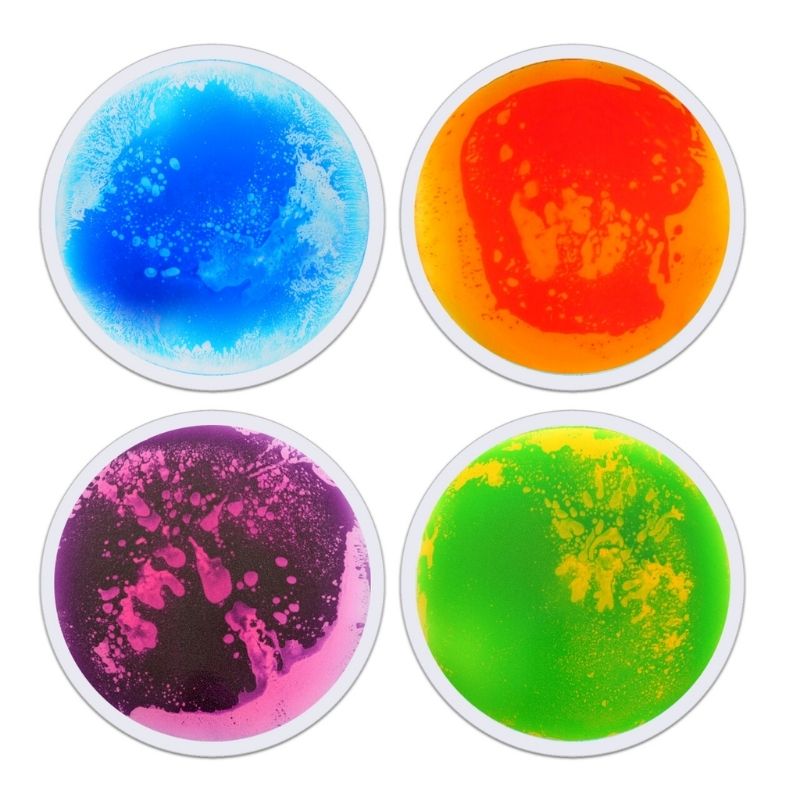 TFH Large Circle Liquid Floor Tiles 4 Set viewed from above, showing the four 50cm round sensory gel tiles and their vibrant colour-shifting liquid design