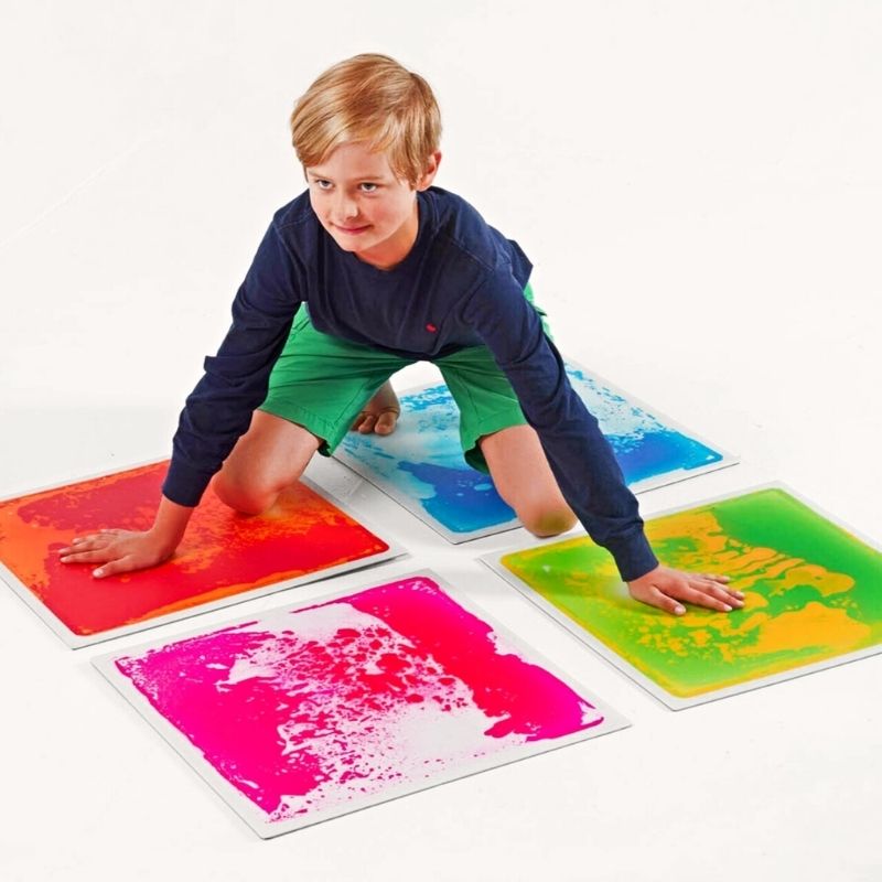 TFH Large Square Liquid Floor Tiles 4 Set showing the four 50cm square colour-shifting gel tiles for sensory rooms, classrooms, and therapy spaces