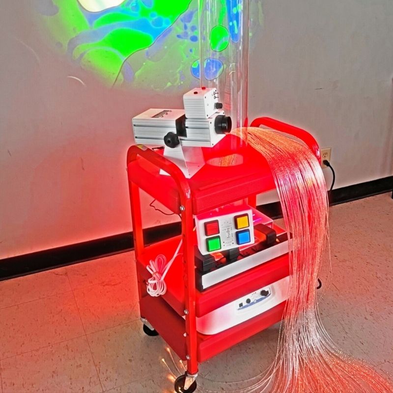 TFH Little Red Sensory Cart Deluxe Hurricane Waterless portrait view showing the 60-inch height of the portable waterless multi-sensory station for hospitals, care homes and clinical settings