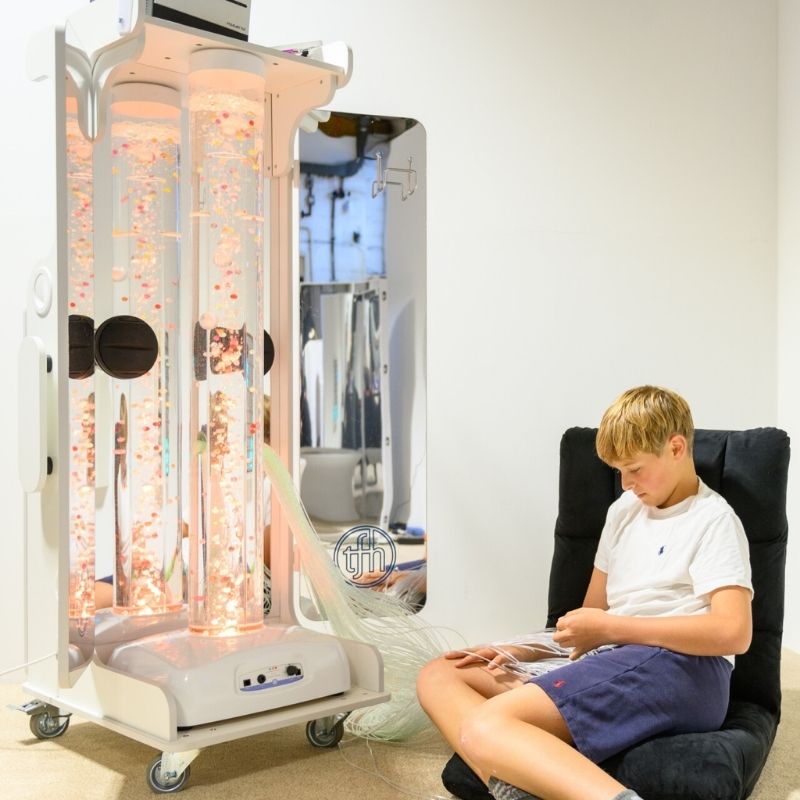 TFH Mobile Sensory Cart Deluxe full portrait view showing complete portable multi-sensory station with bubble tube, projector, and fibre optic tails