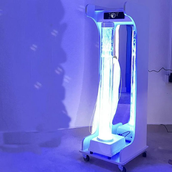 TFH Vecta Jr Mobile Sensory Cart Waterless glowing blue, showing the 40" Hurricane Tube, acrylic mirror, fibre optic tails and locking casters of this portable sensory station