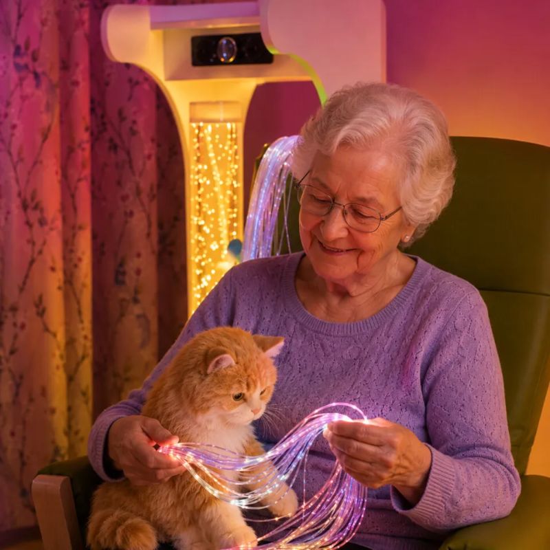 Older woman smiling as she holds the glowing fibre optic tails of the TFH Vecta Jr Mobile Sensory Cart, its amber Hurricane Tube lighting a cozy care home corner