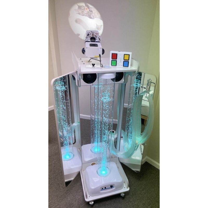 TFH Mobile Sensory Cart Waterless full portrait view showing the complete portable multi-sensory environment with Hurricane Tube, fibre optics, and projector