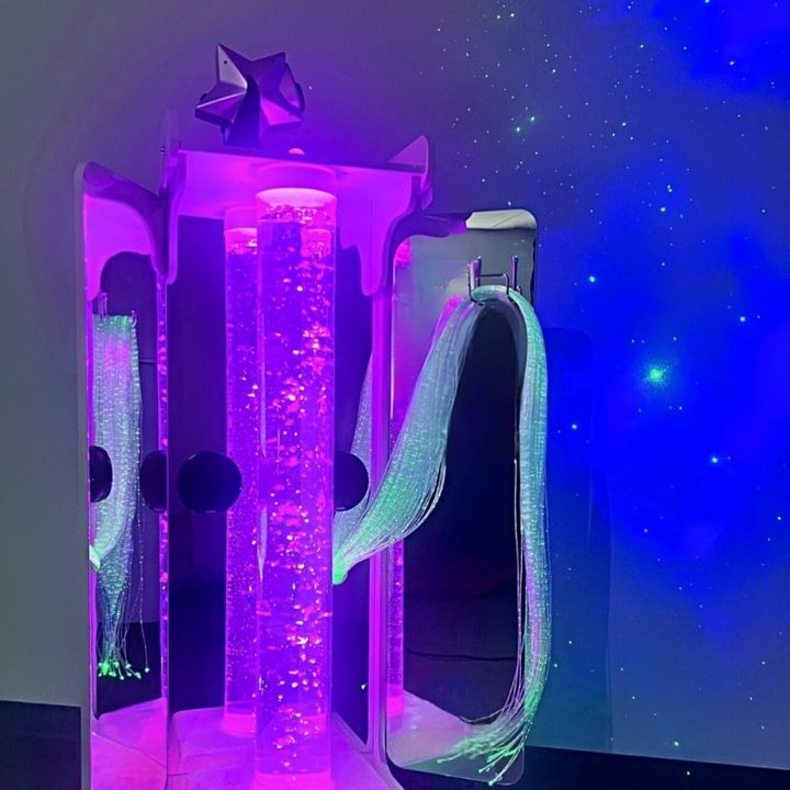 TFH Mobile Sensory Cart Essence bubble tube detail showing LED colour transitions and aquarium fish set for visual stimulation and sensory regulation