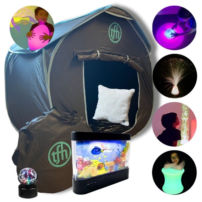 TFH Sensory Den Deluxe Illumination Kit showing the full 10-piece glowing accessory set including kaleidoscope lamp, fibre optic plume, star projector and interactive tiles for sensory dens and sensory rooms