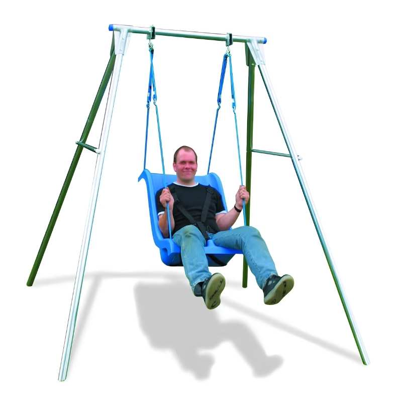 Man using a full support swing seat on the TFH Sensory Swing Frame, demonstrating vestibular play for users of all ages
