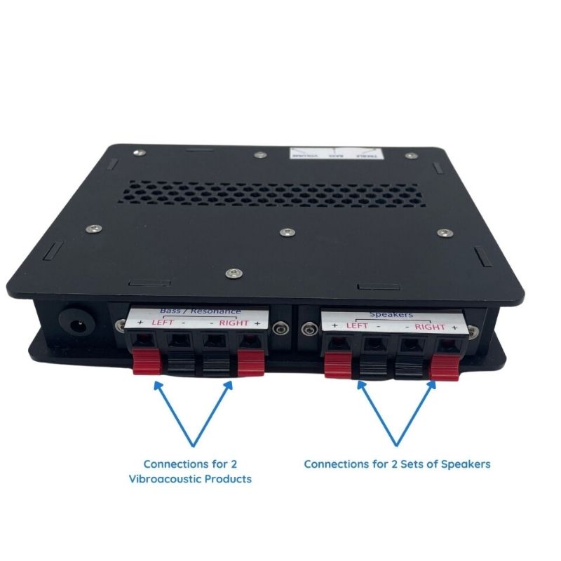 TFH Somacoustic Sound Controller detail showing control knobs for independent vibration and volume adjustment for vibroacoustic therapy sessions
