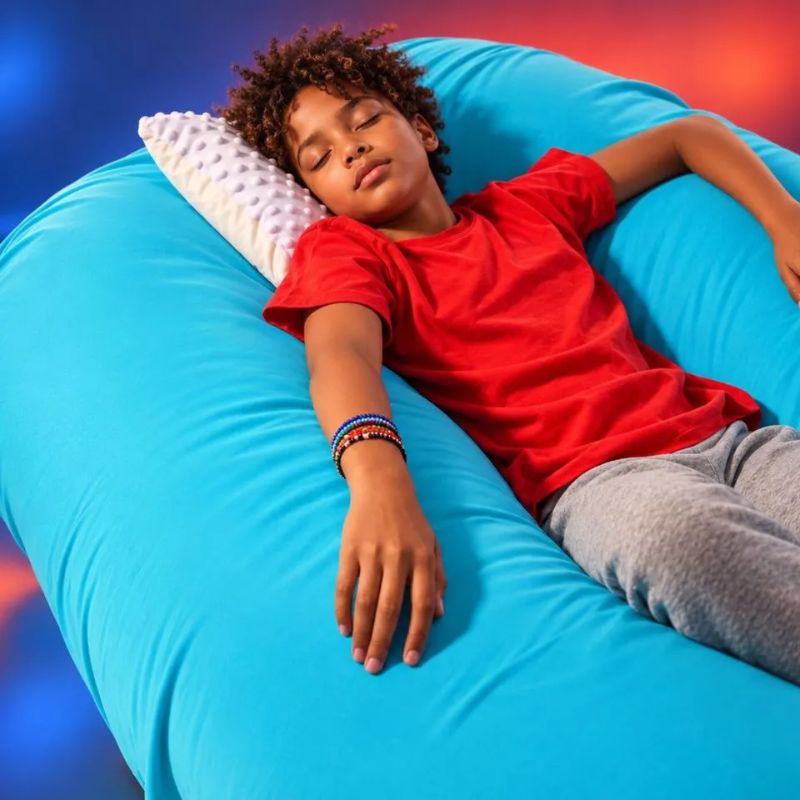 Child resting peacefully with eyes closed on the TFH Mega Squish & Squash Tubes, inflatable Dutch Velvet rollers that offer calming deep pressure sensory input