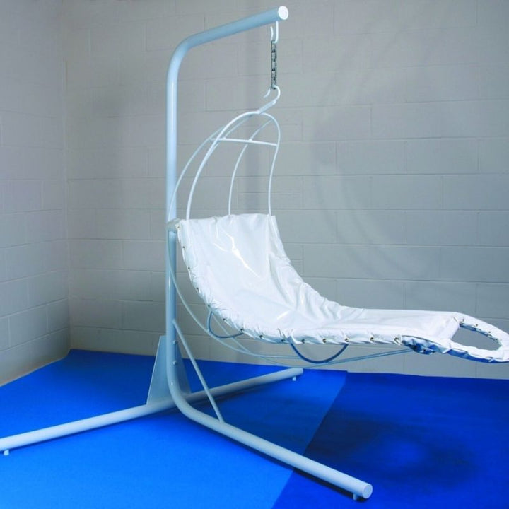 TFH T Shape Stand with the TFH Swaying Banana Leaf Chair installed and suspended, showing the complete freestanding sensory swing setup for therapy rooms