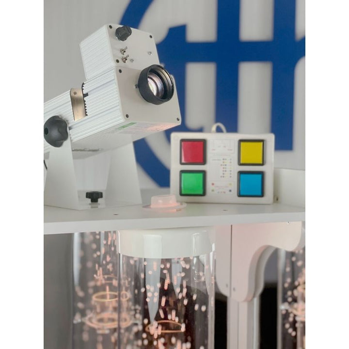 Close-up of the Opti Solar 80 FX SNAP projector on the TFH Mobile Sensory Cart Deluxe showing effects wheel projection for visual sensory stimulation