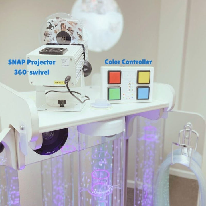 TFH Mobile Sensory Cart Deluxe Opti Solar 80 FX projector and 4-Button Colour Controller showing full visual control system for multi-sensory sessions