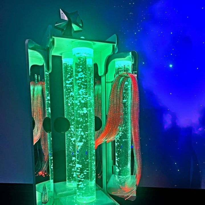 TFH Vecta Essence Sensory Cart with three hinged acrylic mirror wings open showing the visual depth effect around the bubble tube for sensory room use