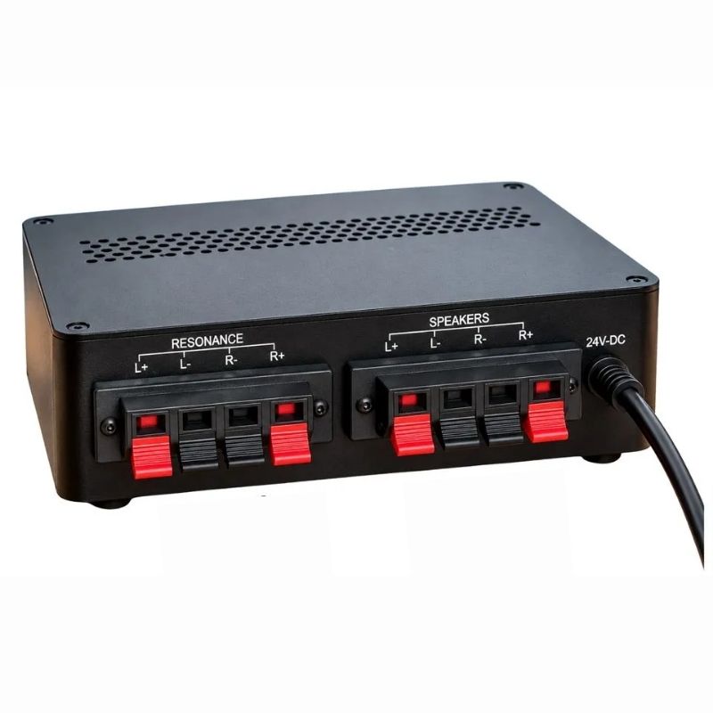 Rear view of the TFH Vibroacoustic Resonator Unit 9RSX showing the resonance and speaker output terminals and 24V DC input, for connecting TFH Somacoustic furniture and speaker boxes