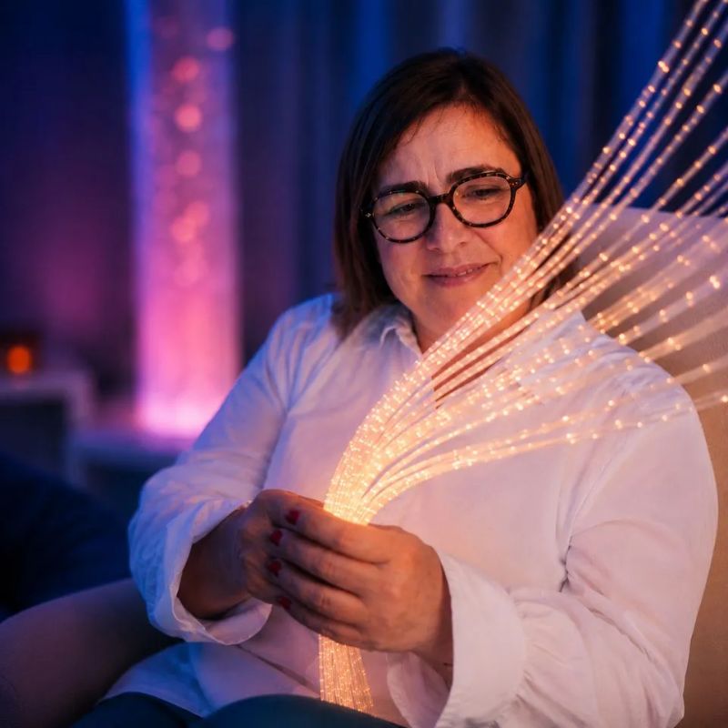Woman gently holding a bundle of amber-lit strands from the TFH Wall Mounted Fiber Optic Curtain, the soft fibre optic tails safe to touch and explore by hand