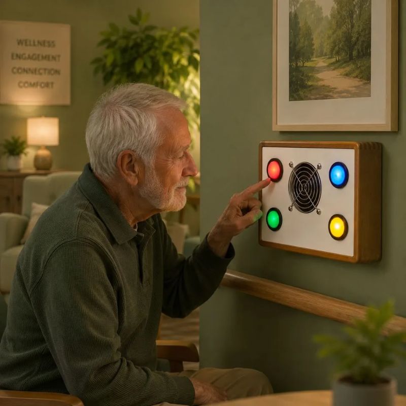Older man pressing the red button on a wall-mounted TFH Wind & Lights Discovery Panel, an interactive sensory panel offering gentle airflow and light for all ages