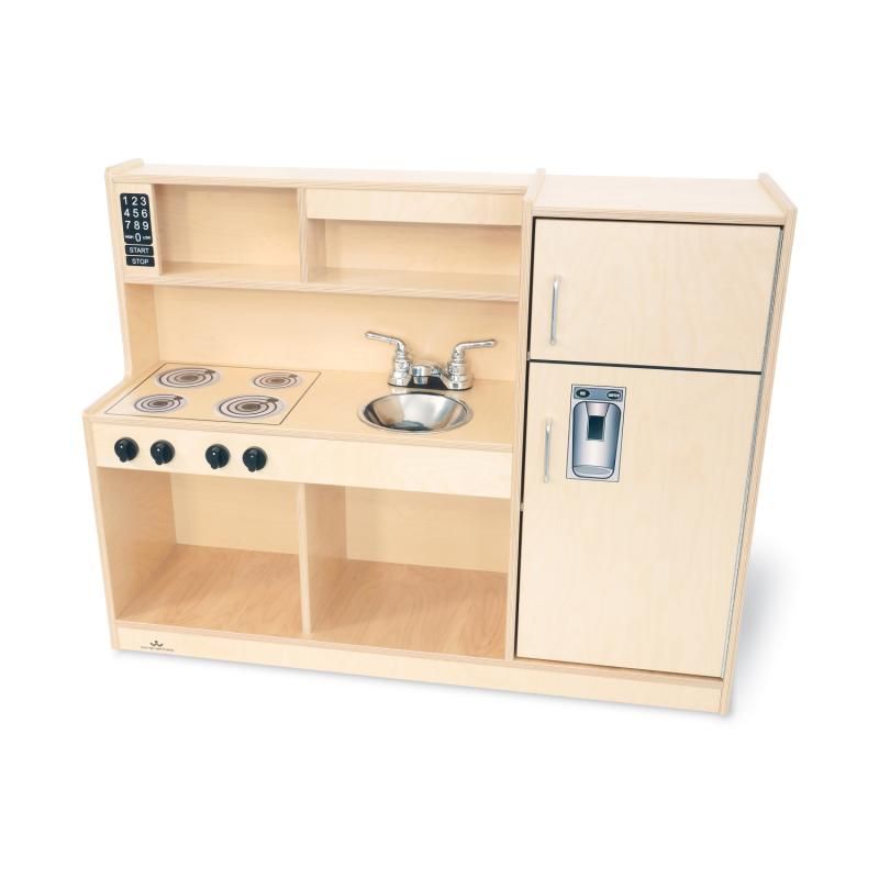 Front view of the empty Whitney Brothers Let's Play Toddler Kitchen Combo, a compact dramatic play kitchen with stove, sink, hutch and refrigerator in natural birch