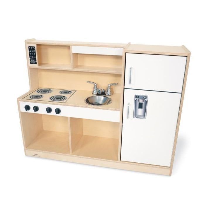 Front view of the Whitney Brothers Let's Play Toddler Kitchen Combo in white, a birch plywood toddler play kitchen with clicking stove knobs and a sink