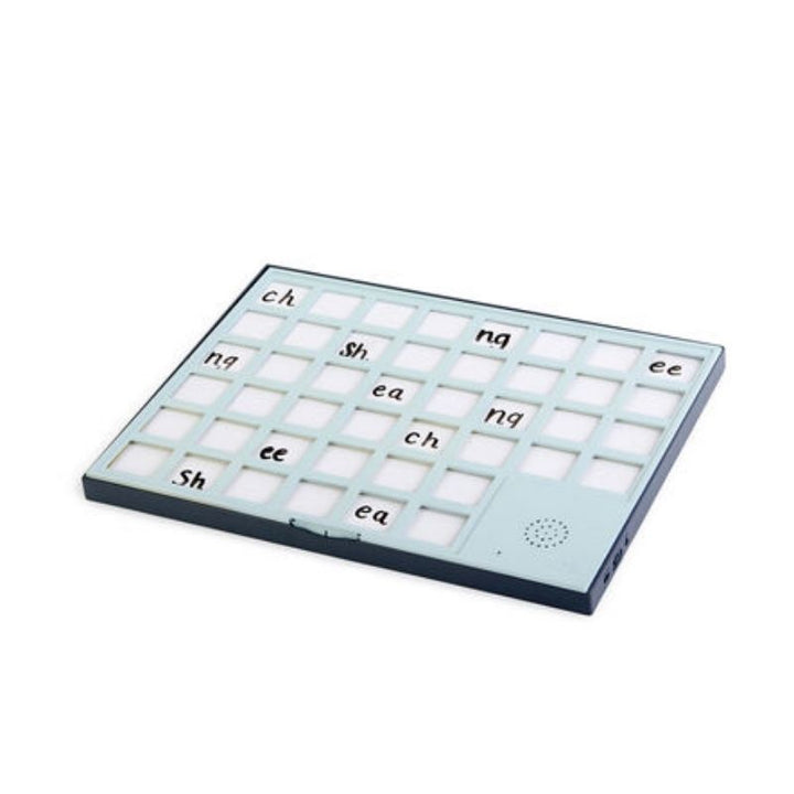 TTS A3 Chatter Board Pro shown at angle with phonics recording tiles loaded, a classroom communication and speaking tool with 44 re-recordable dry-wipe tiles