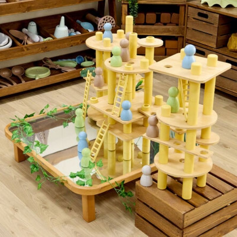 Close-up of TTS Alice Sharp Eco Build a World construction pieces showing bamboo and recycled material components for sustainable small world play