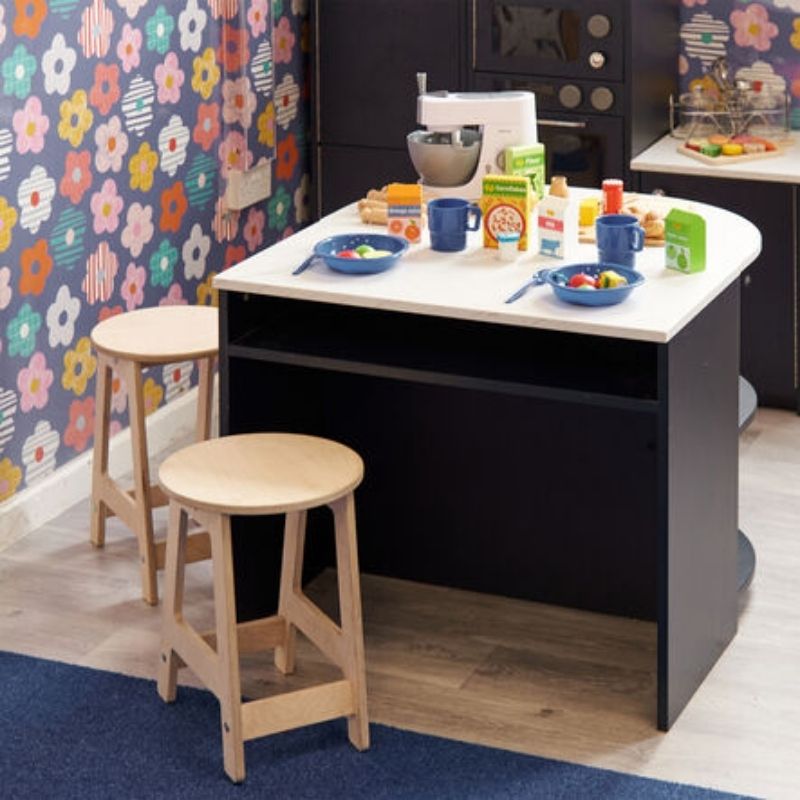 TTS Modern Living Breakfast Bar Island third landscape view showing full product proportions and navy finish for classroom and home play corners