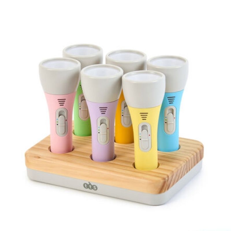 TTS Colour Changing Easi-Torch set of 6 rechargeable LED torches with wooden charging hub, a sensory light and science toy for classrooms and therapy rooms