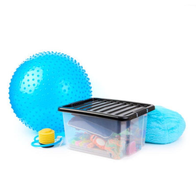 TTS Complete Sensory and Stimulation Kit packed in its clear storage box beside the blue spiky ball, pump and fluffy cushion, keeping every sensory resource organized