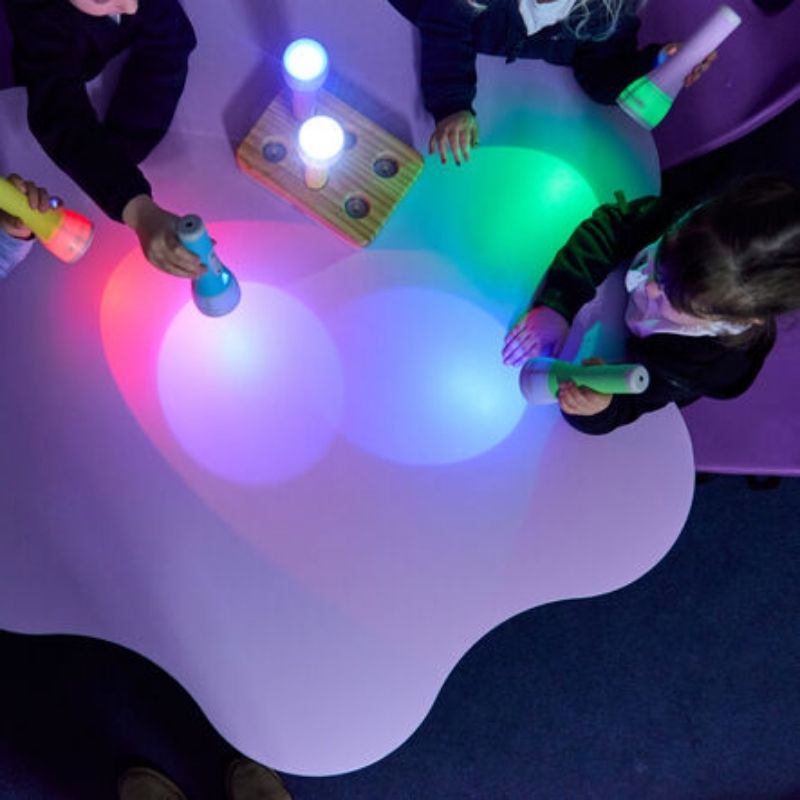 Top-down view of children exploring TTS Colour Changing Easi-Torches, using the rechargeable LED torches for hands-on sensory light activities