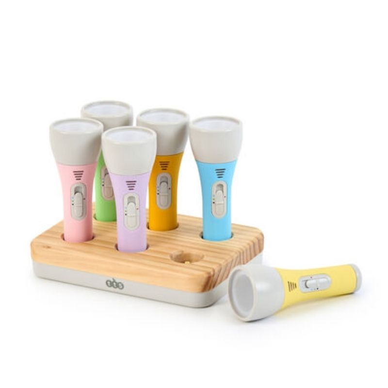 TTS Colour Changing Easi-Torch set displayed in landscape view, showing the full 6-torch rechargeable sensory light kit with wooden hub