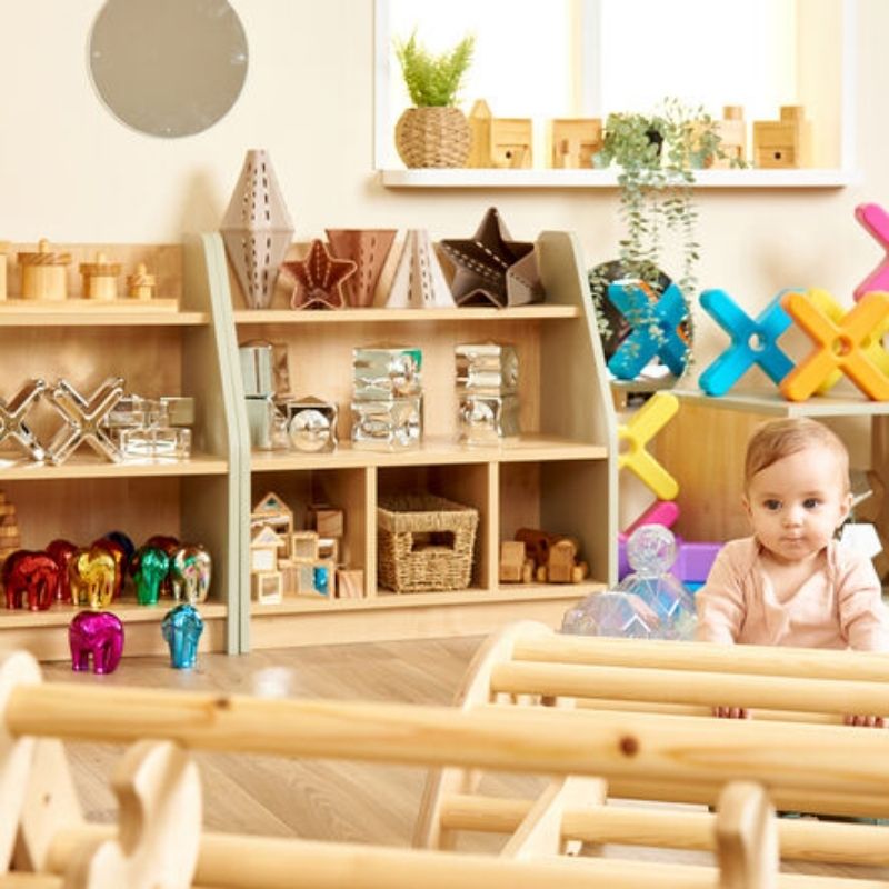 Two TTS Elements Toddler Shelving Units placed back to back to create a classroom island storage configuration for daycares and early learning centres