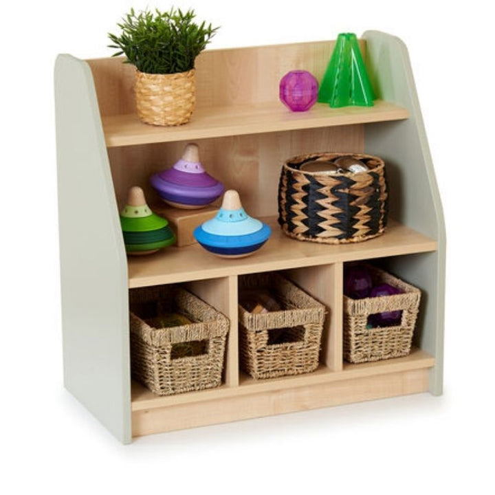 TTS Elements Toddler Shelving Unit with Compartments in maple and sage green finish, classroom shelving for early years independent access