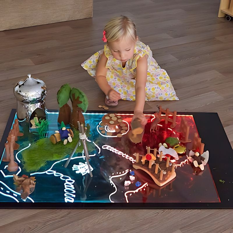 TTS Giant Illuminated Mark Making Board in landscape orientation showing a child using the A1 light board for collaborative play and early literacy activities